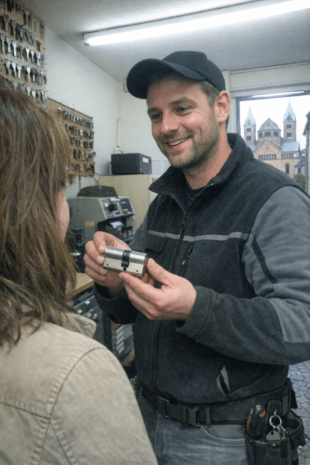 Monteur erklärt einem Kunden an der Haustür die Ursache eines schwergängigen Schlosses