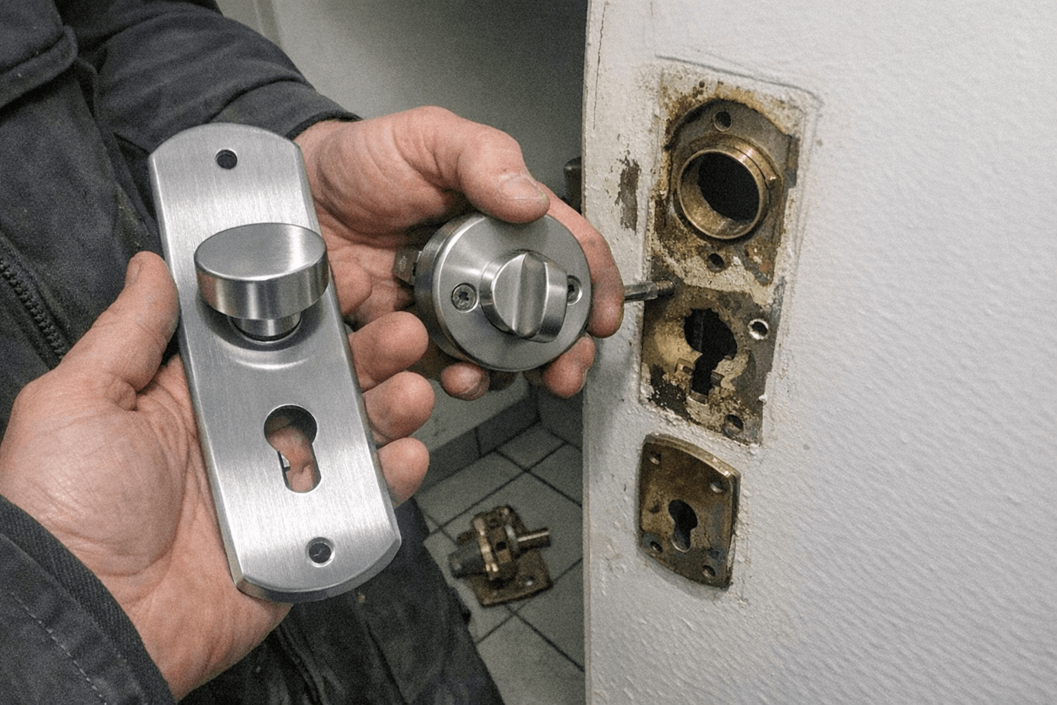 Nahaufnahme eines demontierten Schutzbeschlags mit sichtbaren Schrauben auf einer Werkmatte