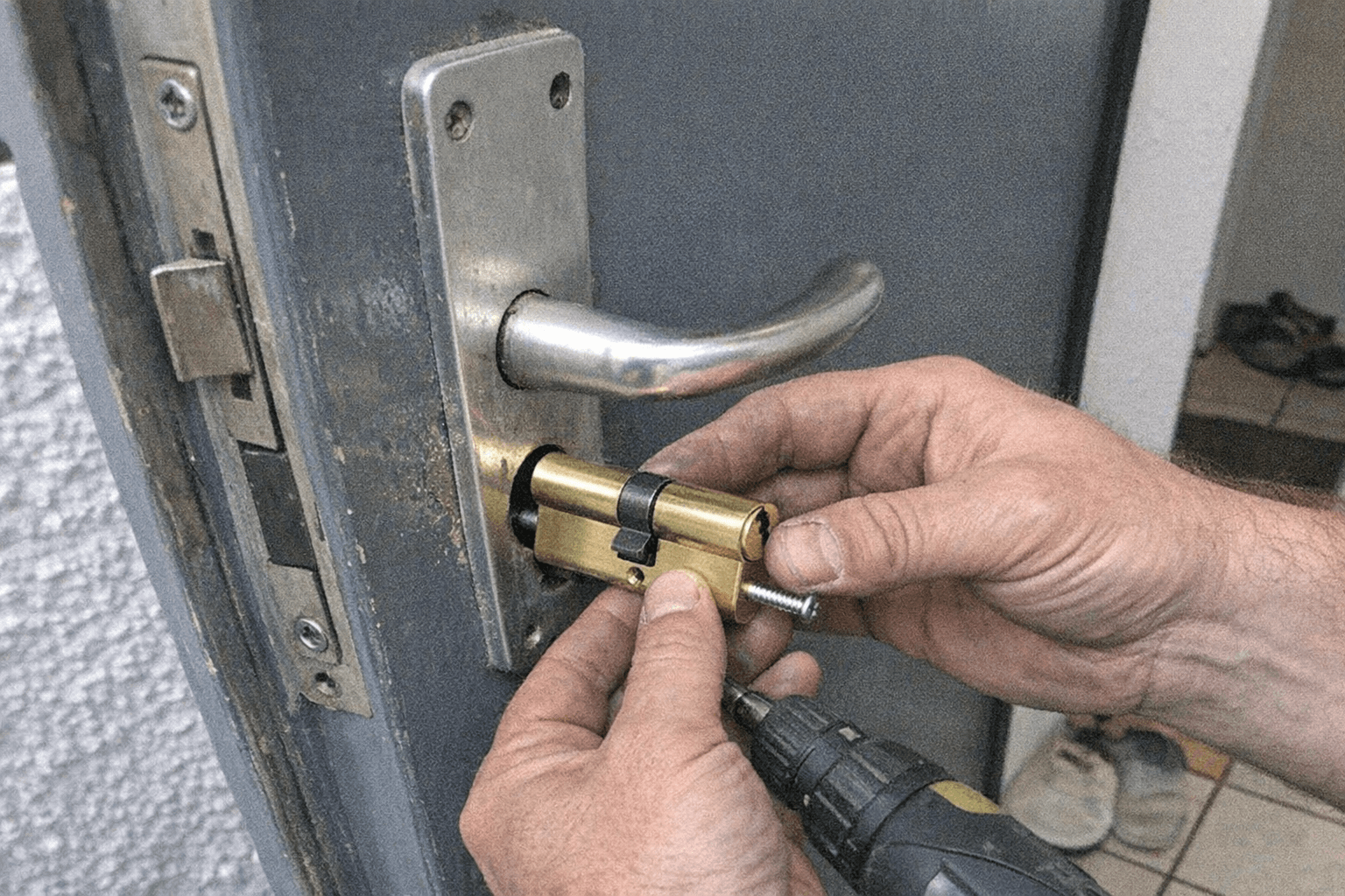 Techniker stellt mit einem Inbusschlüssel den Türschließer am oberen Türrahmen ein