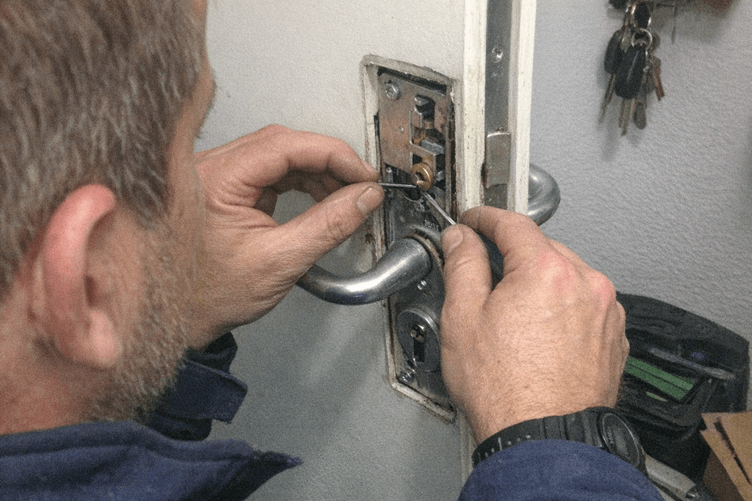 Monteur hält einen ausgebauten Schlosskasten in der Hand und zeigt einen gebrochenen Riegel