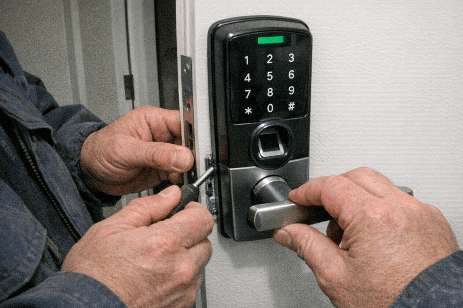 Montage eines wetterfesten Codeschlosses neben einer Hauseingangstür, Schraubendreher in der Hand
